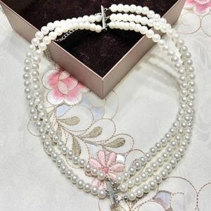 💍 Layered CZ Pearl Choker Necklace Silver Plated